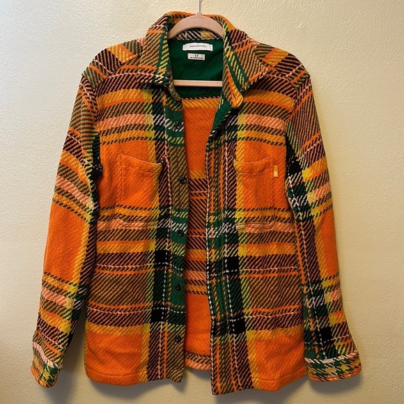{Urban Outfitters} Exploded Twill Work Overshirt Plaid Green +Orange Small - Picture 3 of 7